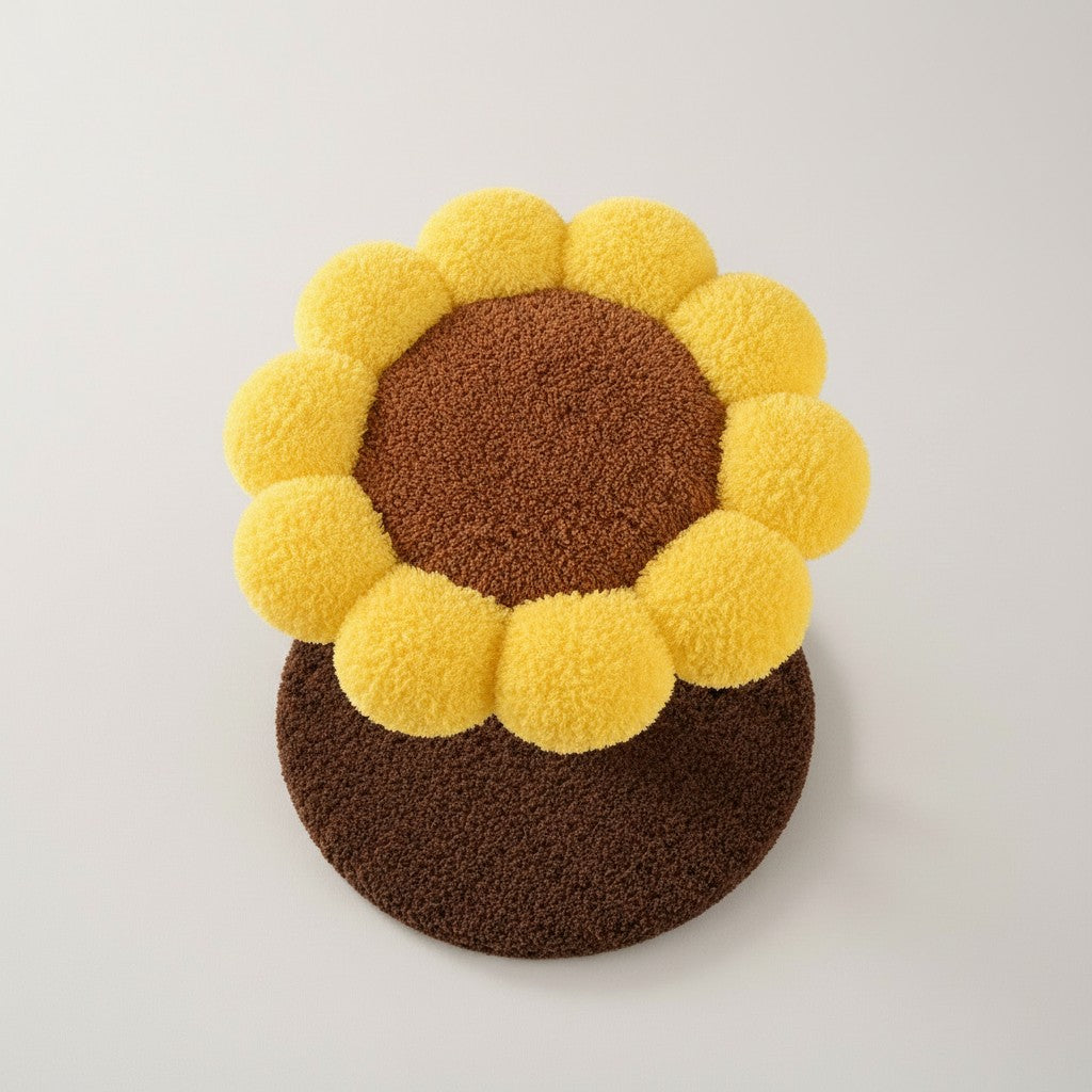Arbre à chat Bofélin en forme de tournesol avec coussin en peluche jaune et marron sur socle en bois