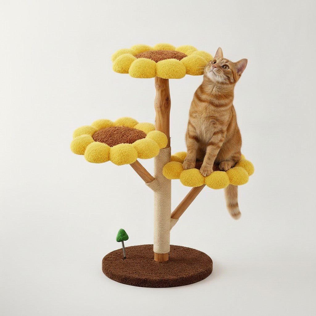 Arbre à chat Bofélin design tournesol avec plateformes jaunes en fausse fourrure et poteau en sisal naturel