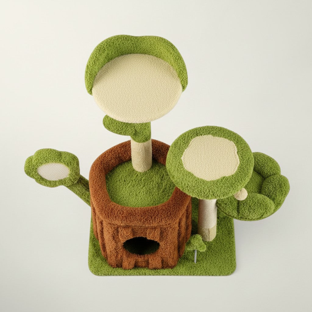 Arbre à chat Bofélin en forme de tronc d'arbre vert et marron avec niche, plateformes feuilles et sisal naturel