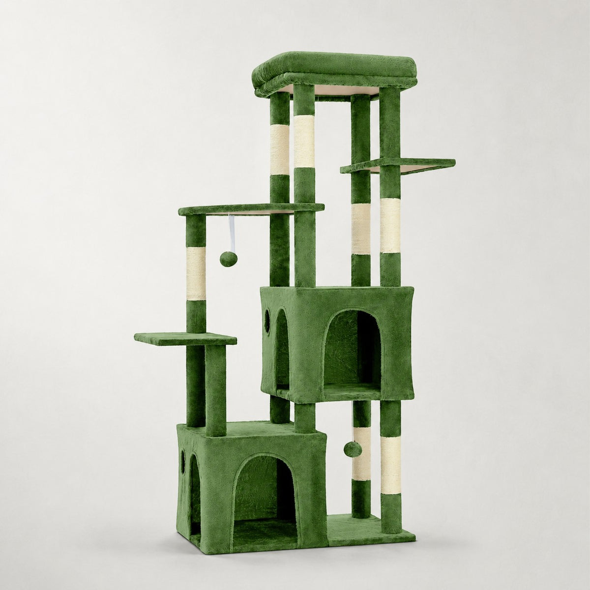 Arbre à chat Bofélin vert en fausse fourrure avec deux niches, plateformes et poteaux en sisal pour grands chats