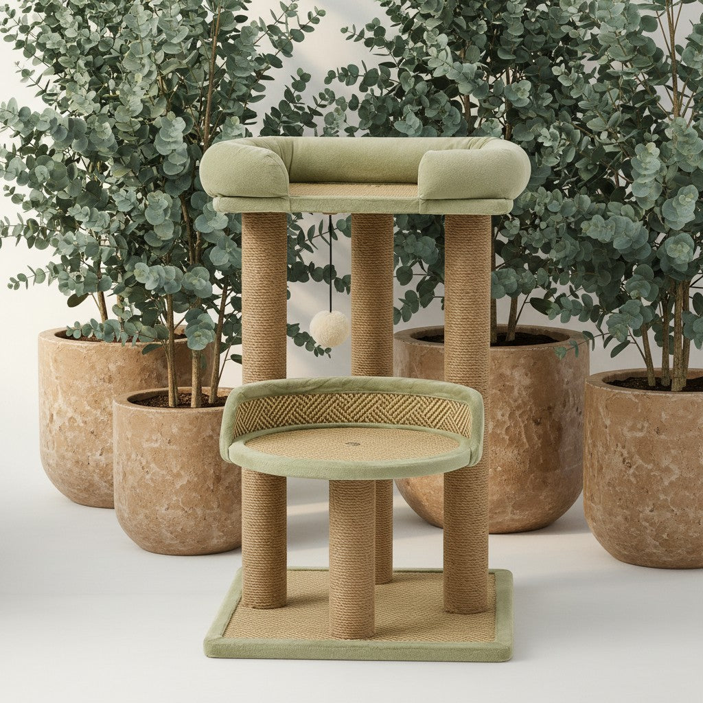 Arbre à chat Bofélin vert sauge et blanc avec griffoirs en jute, lit rembourré et plateforme tressée pour Maine Coon