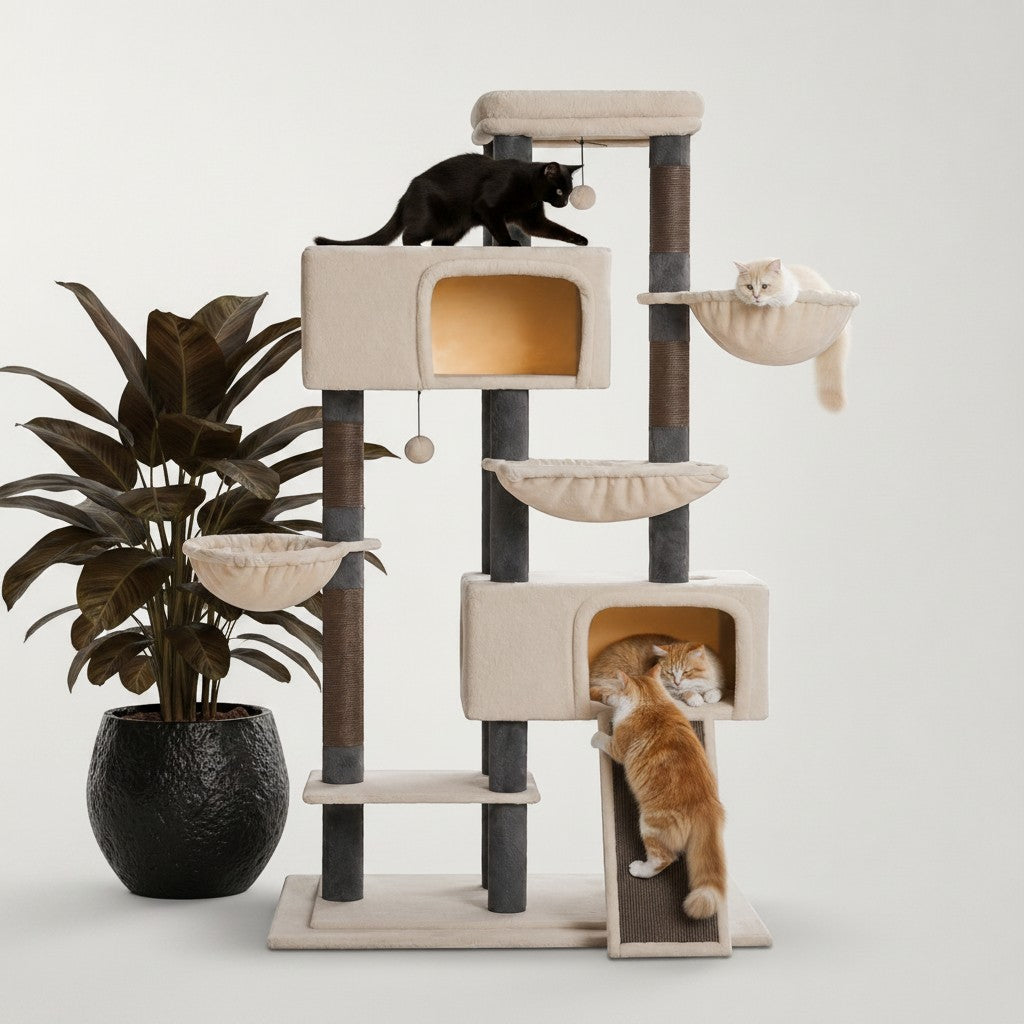 Arbre à chat XXL Bofélin beige et gris avec niches, hamacs et poteaux en sisal pour plusieurs chats