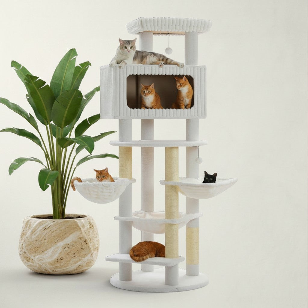Arbre à chat XXL Bofélin blanc avec niches, hamacs et poteaux en sisal pour grands chats