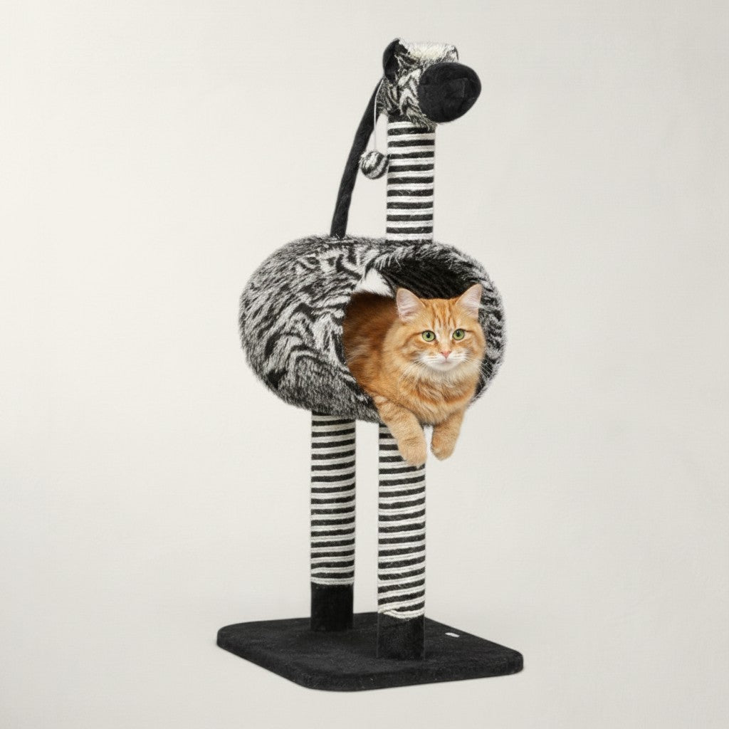 Arbre à chat Bofélin design zèbre noir et blanc avec tunnel en fausse fourrure et poteaux griffoirs en jute