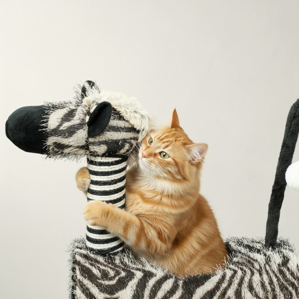 Chat roux jouant avec un arbre à chat Bofélin en forme de zèbre noir et blanc avec poteaux en jute