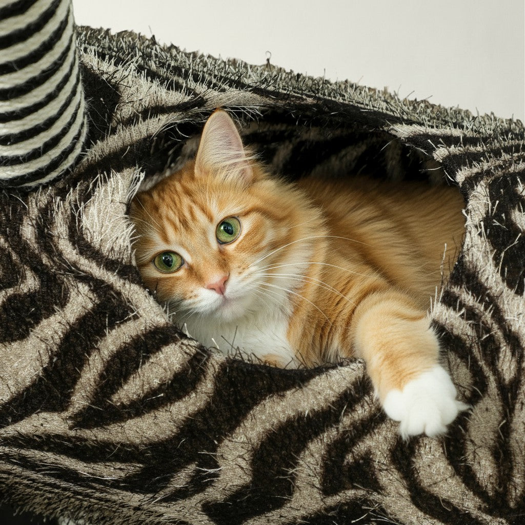 Chat roux installé dans un tunnel Bofélin en fausse fourrure motif zèbre avec poteau griffoir en jute