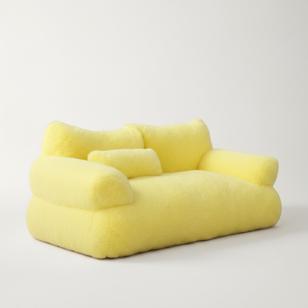 Canapé Bofélin pour chat en fausse fourrure jaune pastel avec petit coussin cervical, design confortable et doux