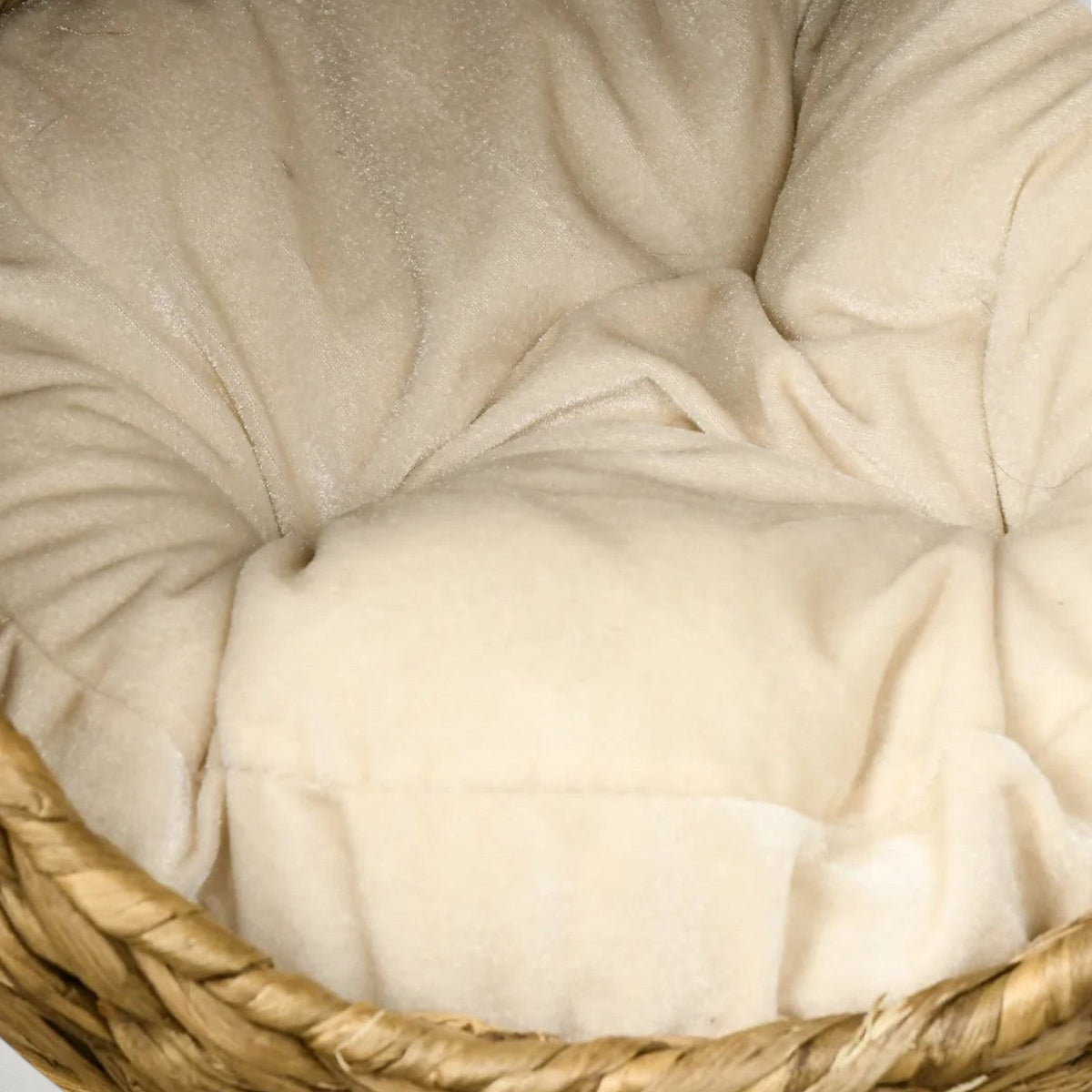 Coussin rond crème et moelleux à l'intérieur de la niche bulle en jacinthe d'eau tressée Bofélin