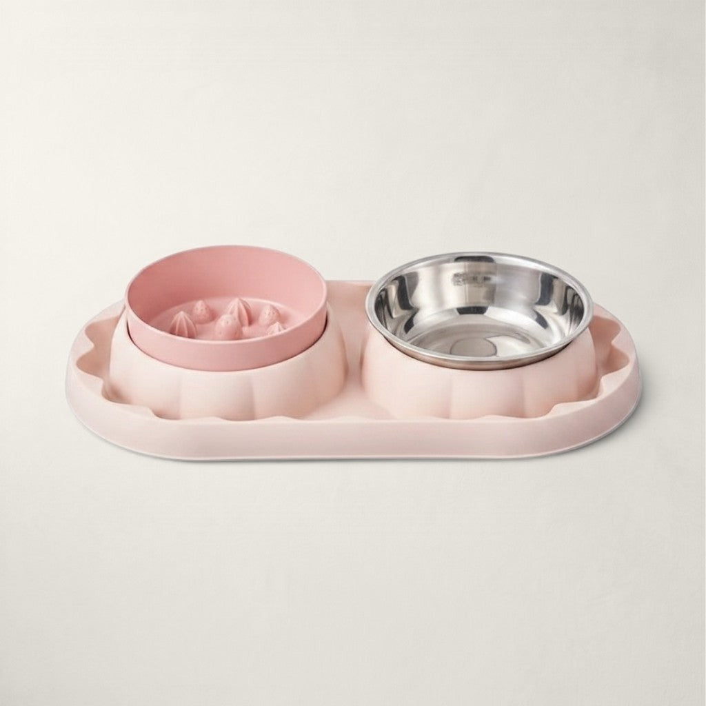 Double gamelle Bofélin rose pour chat avec un bol anti-glouton à reliefs et un bol en inox amovible