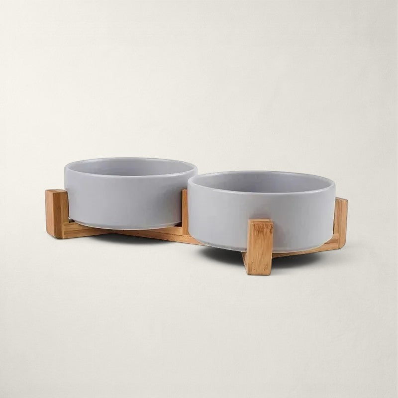 Bofélin double gamelle surélevée pour chat avec bols en céramique gris et support en bois naturel