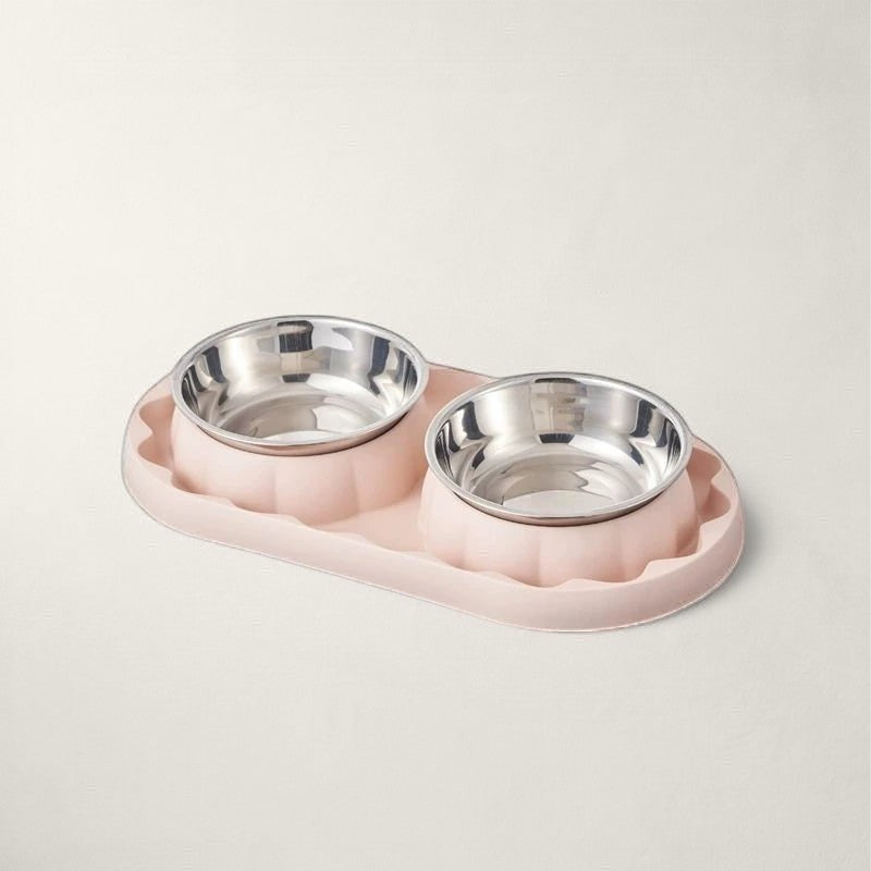 Double gamelle Bofélin rose avec bols en inox amovibles sur support ondulé antidérapant pour chat