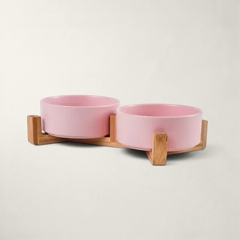 Bofélin double gamelle surélevée pour chat avec bols en céramique rose et support en bois naturel anti-renversement