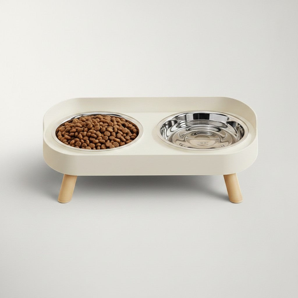 Double gamelle surélevée Bofélin avec bols en inox amovibles et support blanc design sur pieds en bois pour chat