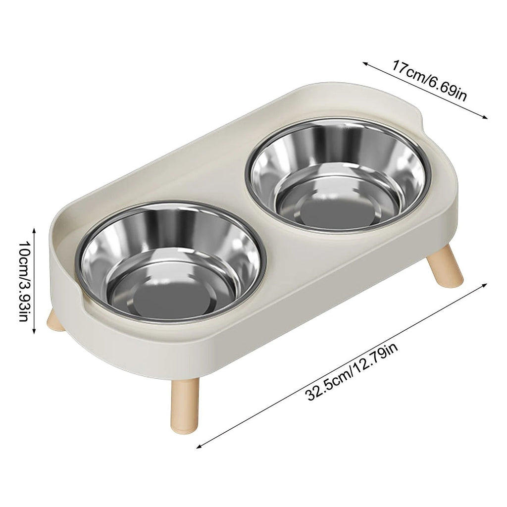 Double gamelle surélevée Bofélin avec deux bols en inox amovibles sur support blanc et pieds en bois pour chat