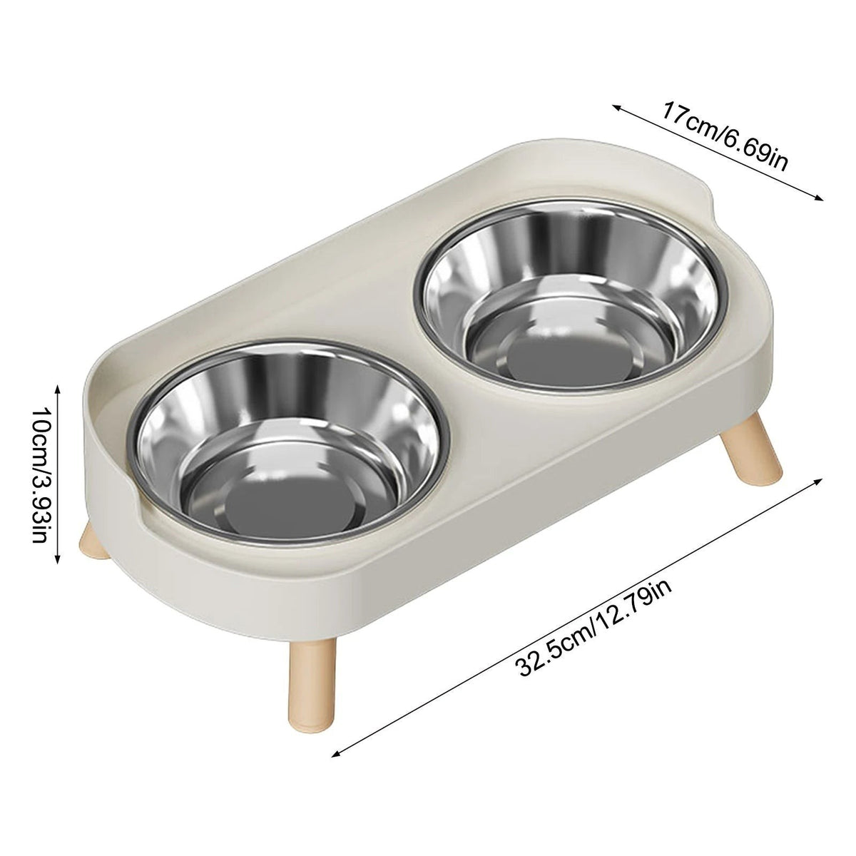 Double gamelle surélevée Bofélin avec deux bols en inox amovibles sur support blanc et pieds en bois pour chat