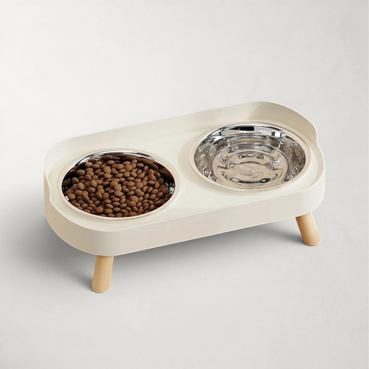 Double gamelle surélevée Bofélin avec bols en inox amovibles et pieds en bois pour une posture confortable du chat