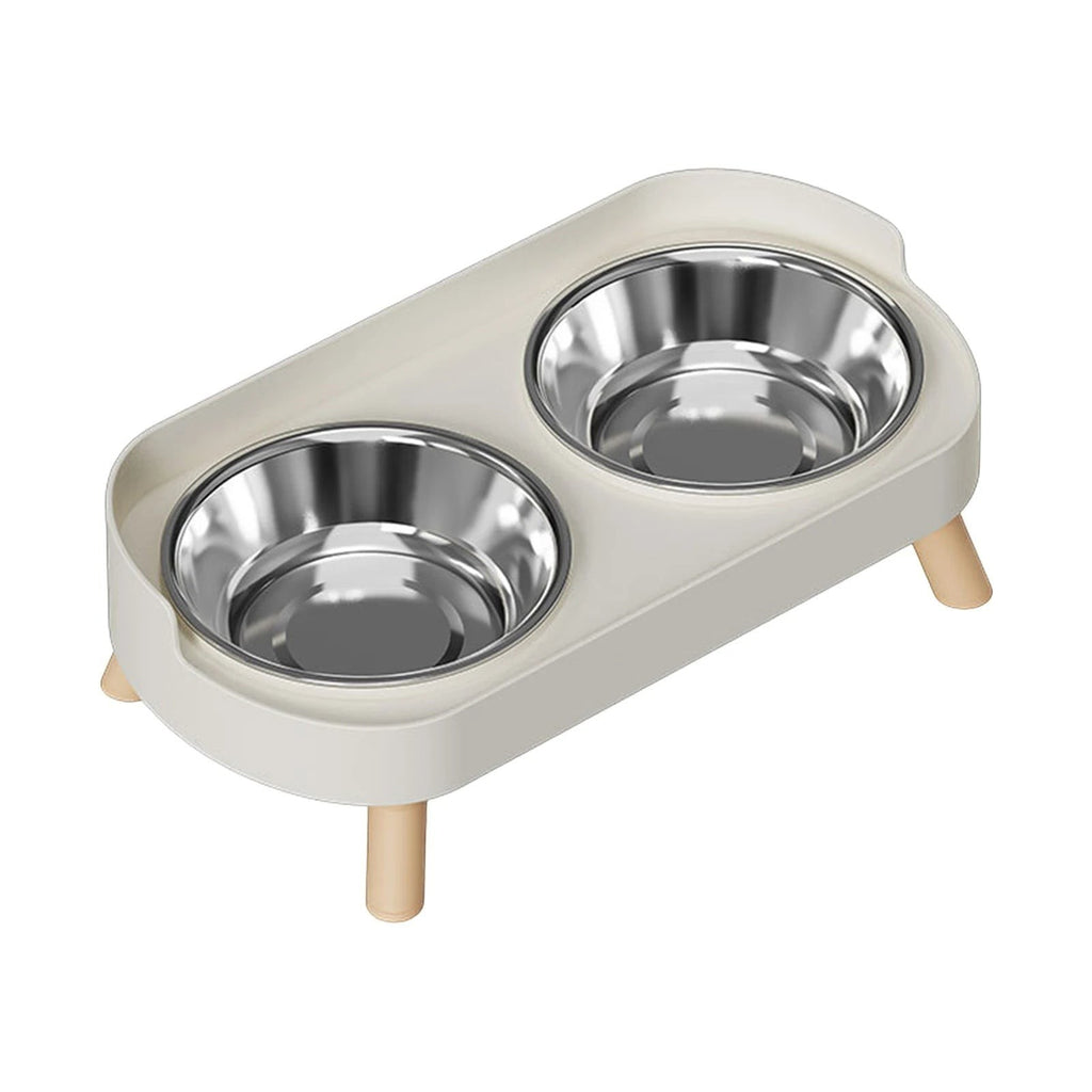 Double gamelle surélevée Bofélin avec bols en inox amovibles, support blanc et pieds en bois pour chat