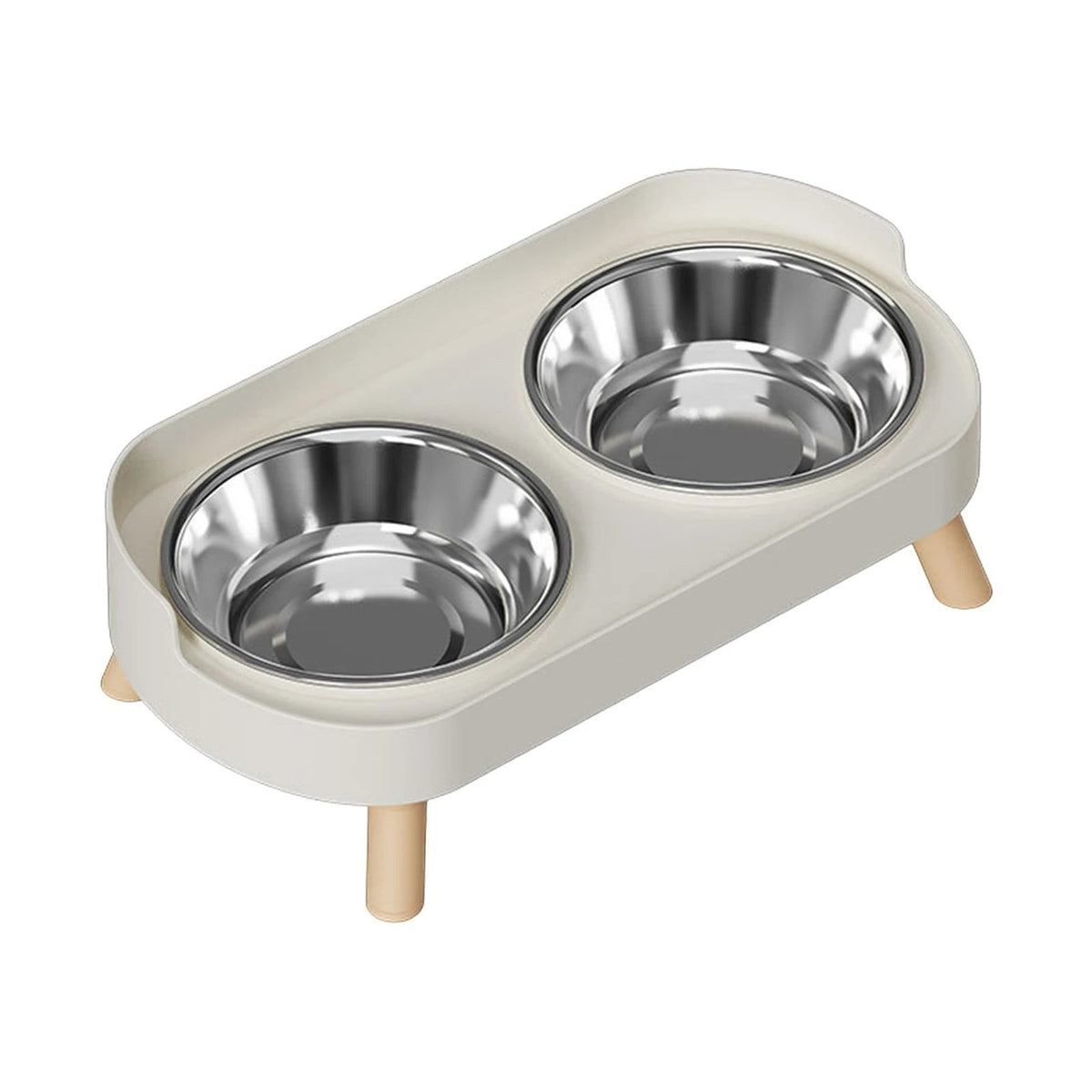 Double gamelle surélevée Bofélin avec bols en inox amovibles, support blanc et pieds en bois pour chat