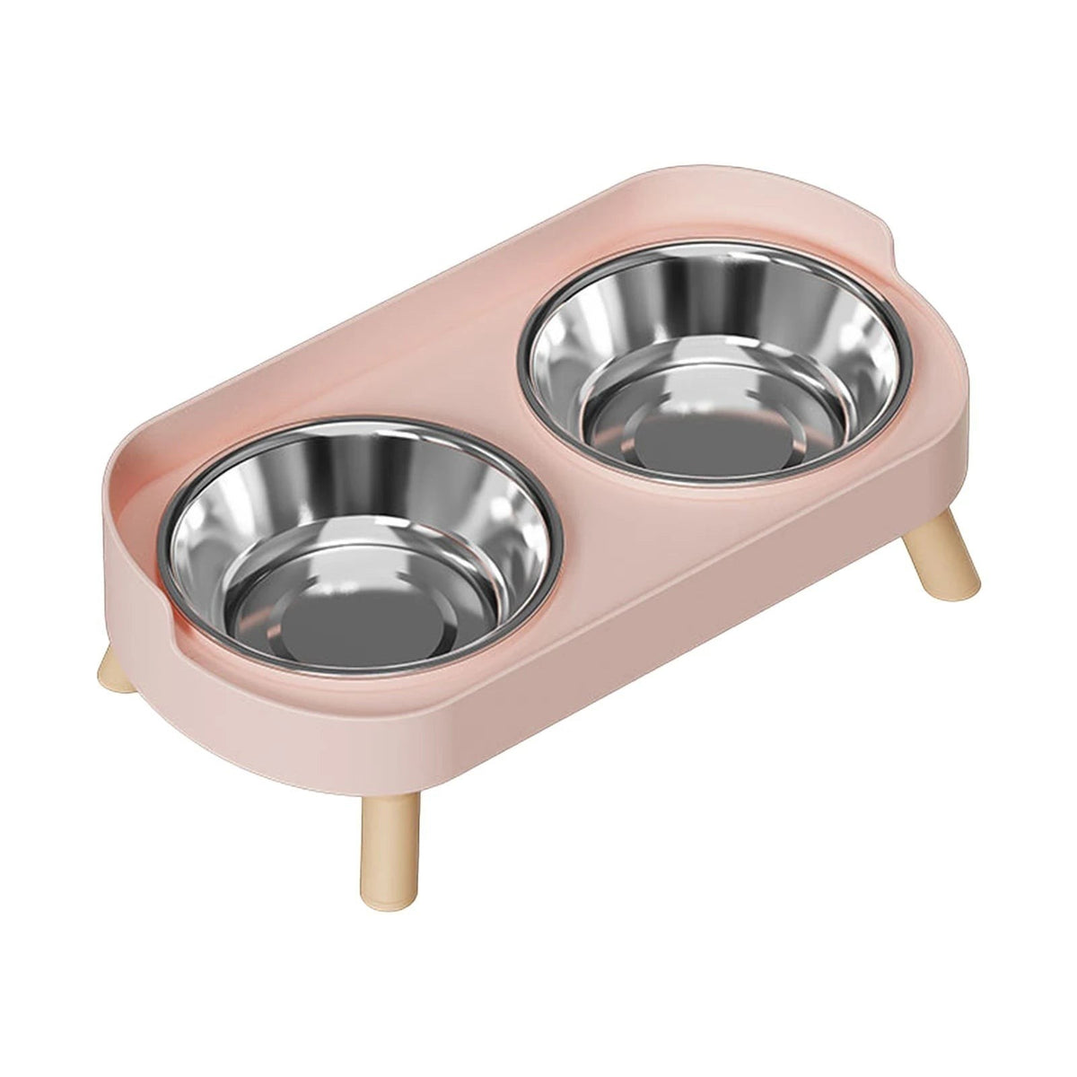 Double gamelle surélevée Bofélin rose clair avec deux bols en inox amovibles et pieds en bois pour chat