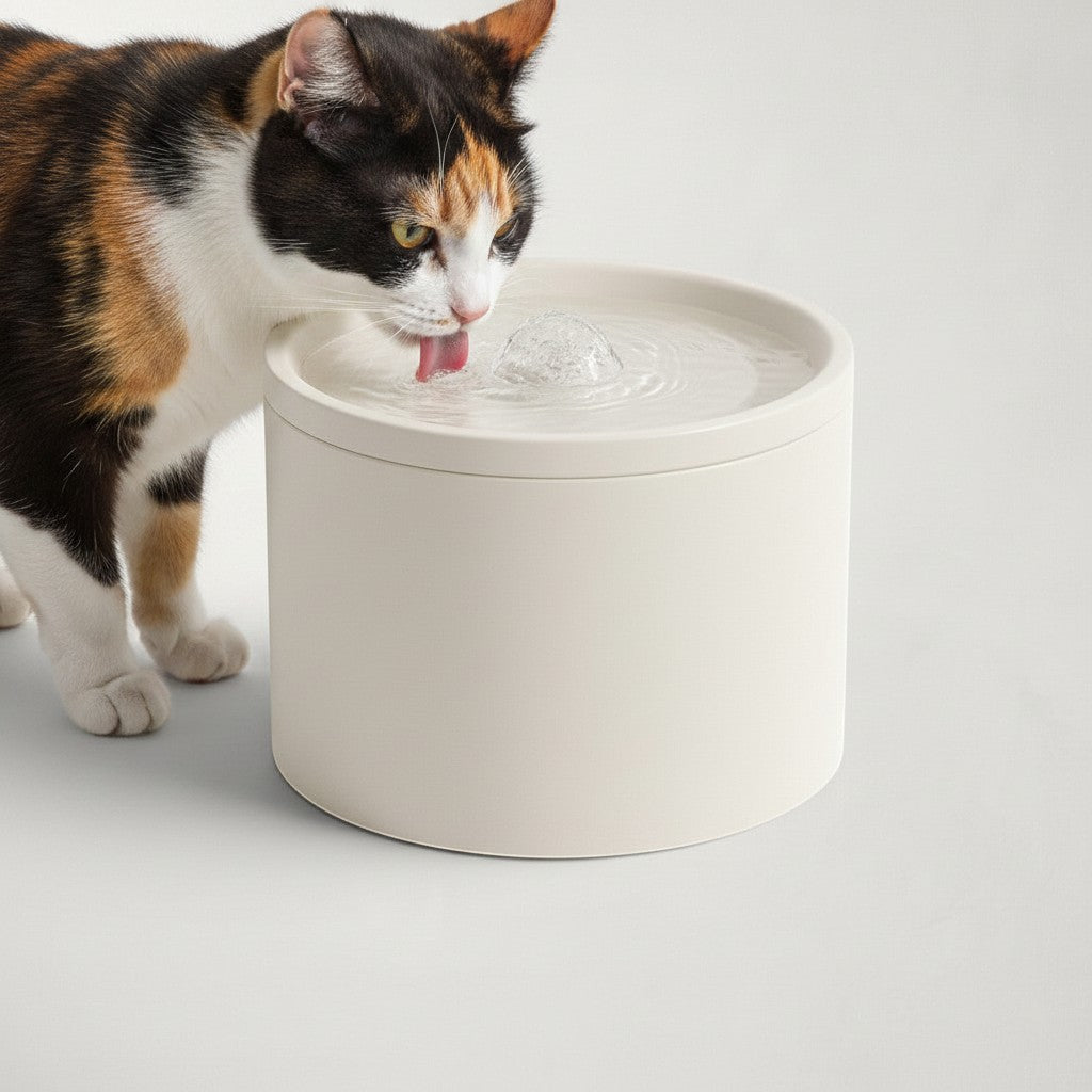 Chat tricolore buvant à une fontaine à eau Bofélin en céramique émaillée couleur crème avec pompe silencieuse