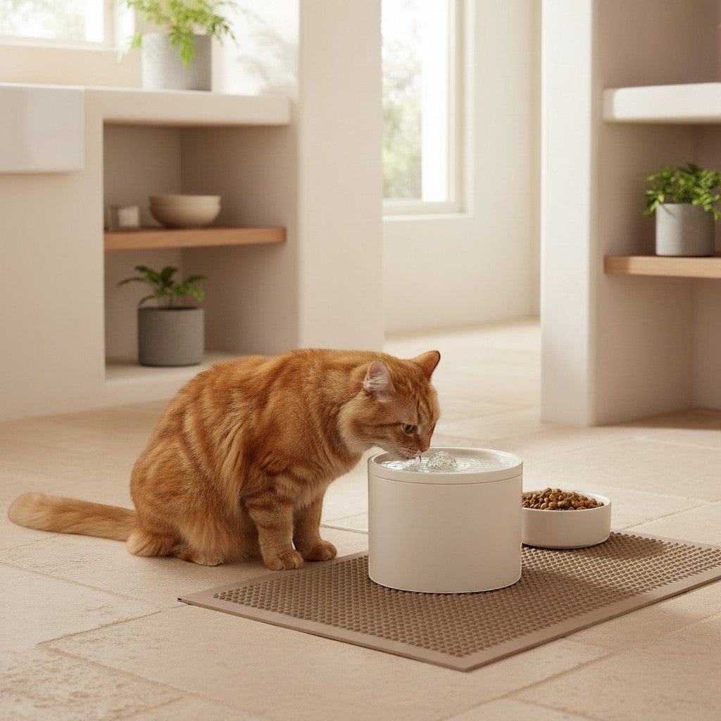 Chat roux buvant à une fontaine à eau Bofélin en céramique crème sur un tapis antidérapant dans une cuisine moderne