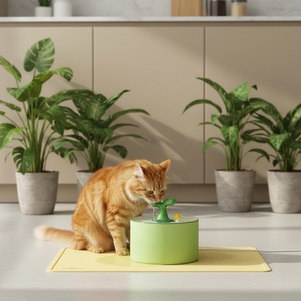 Fontaine à eau Bofélin en céramique verte pour chat, avec pompe silencieuse et système de filtration, dans une cuisine.