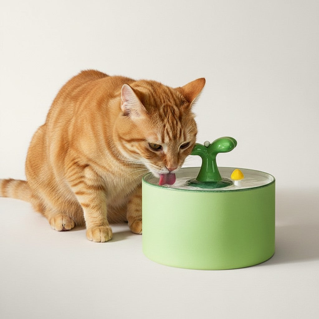 Chat roux buvant à une fontaine à eau Bofélin en céramique verte avec un bec verseur en forme de plante