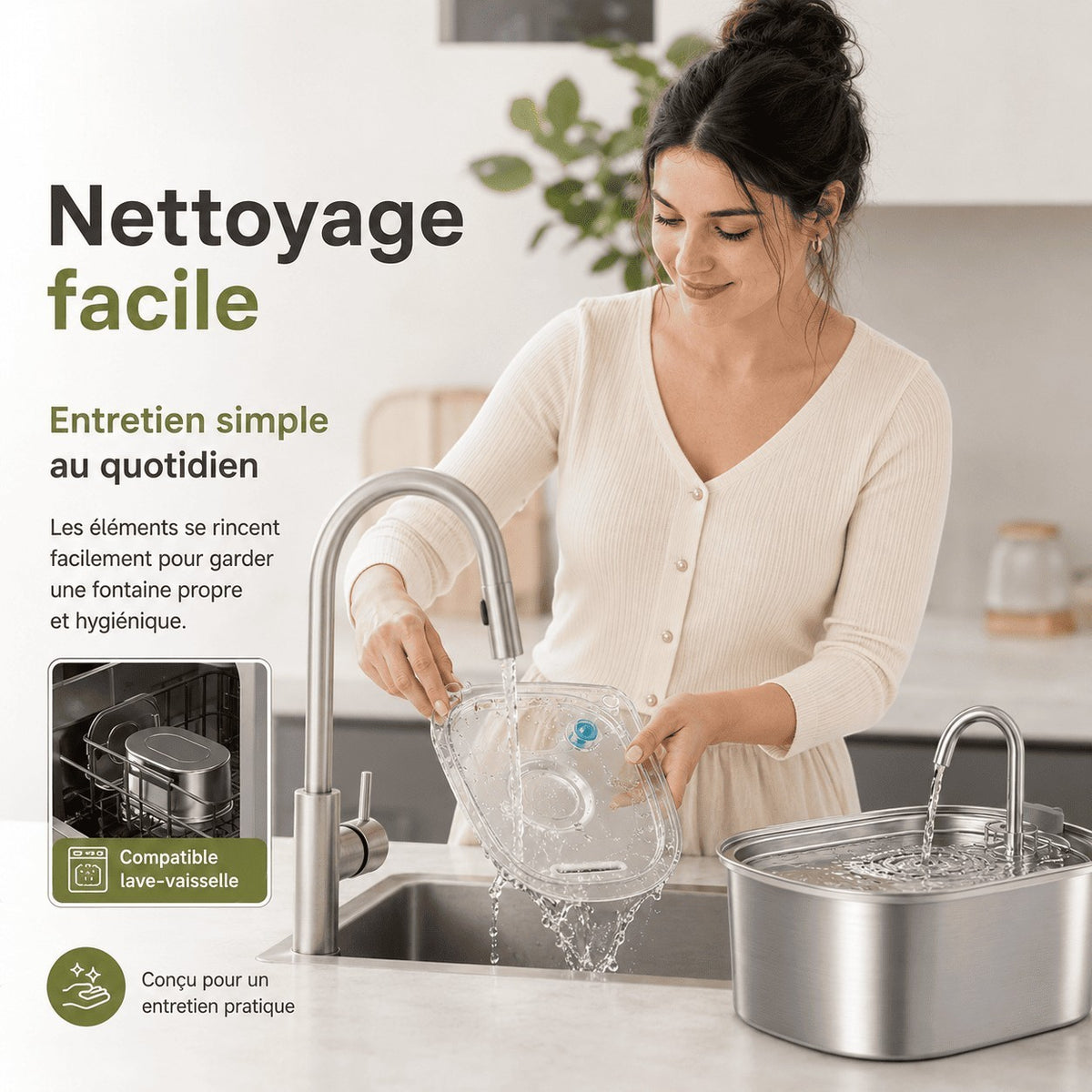 Femme nettoyant le couvercle de la fontaine à eau Bofélin en inox sous le robinet de cuisine