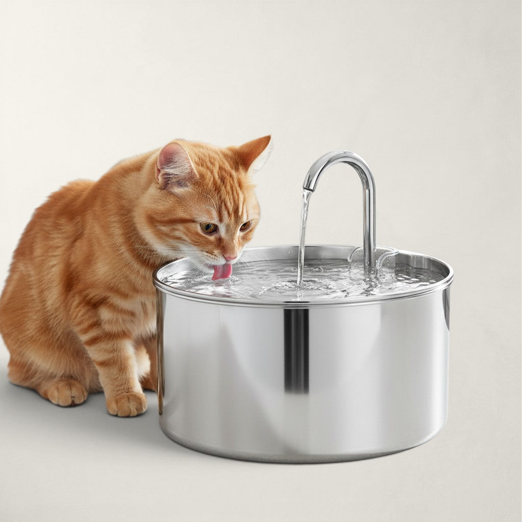 Chat roux buvant à une fontaine à eau Bofélin en inox avec système de cascade silencieux sur un plan de travail