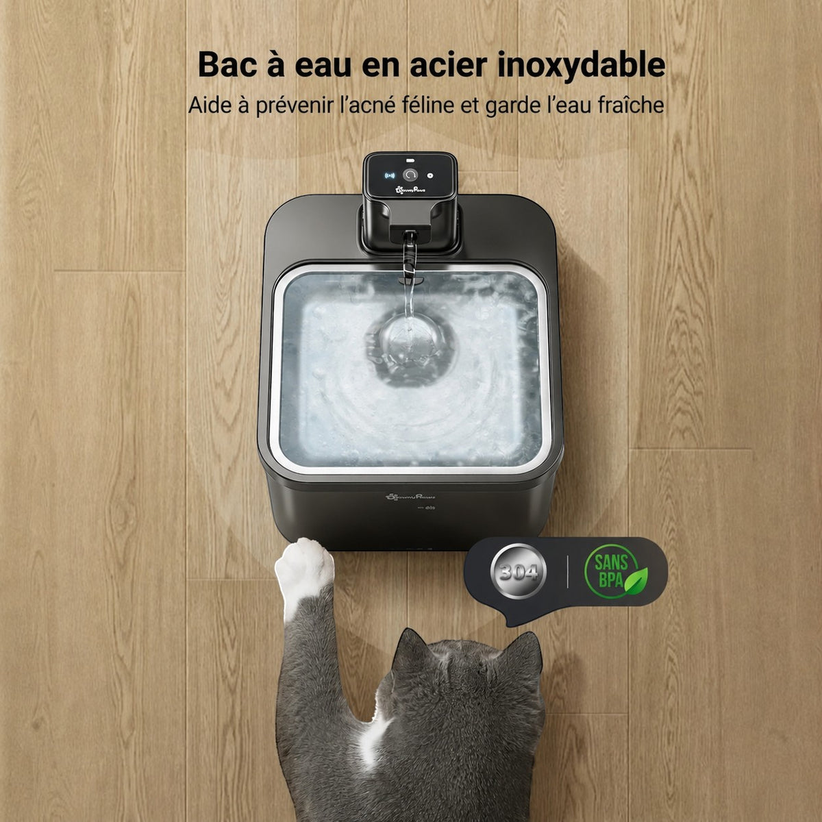 Fontaine à eau sans fil Bofélin en inox avec bac 2,5L et capteur de présence pour chat sur sol en bois