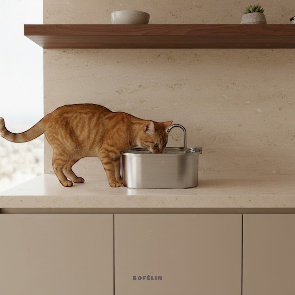 Chat roux buvant à la fontaine à eau automatique en inox Bofélin sur un comptoir de cuisine moderne