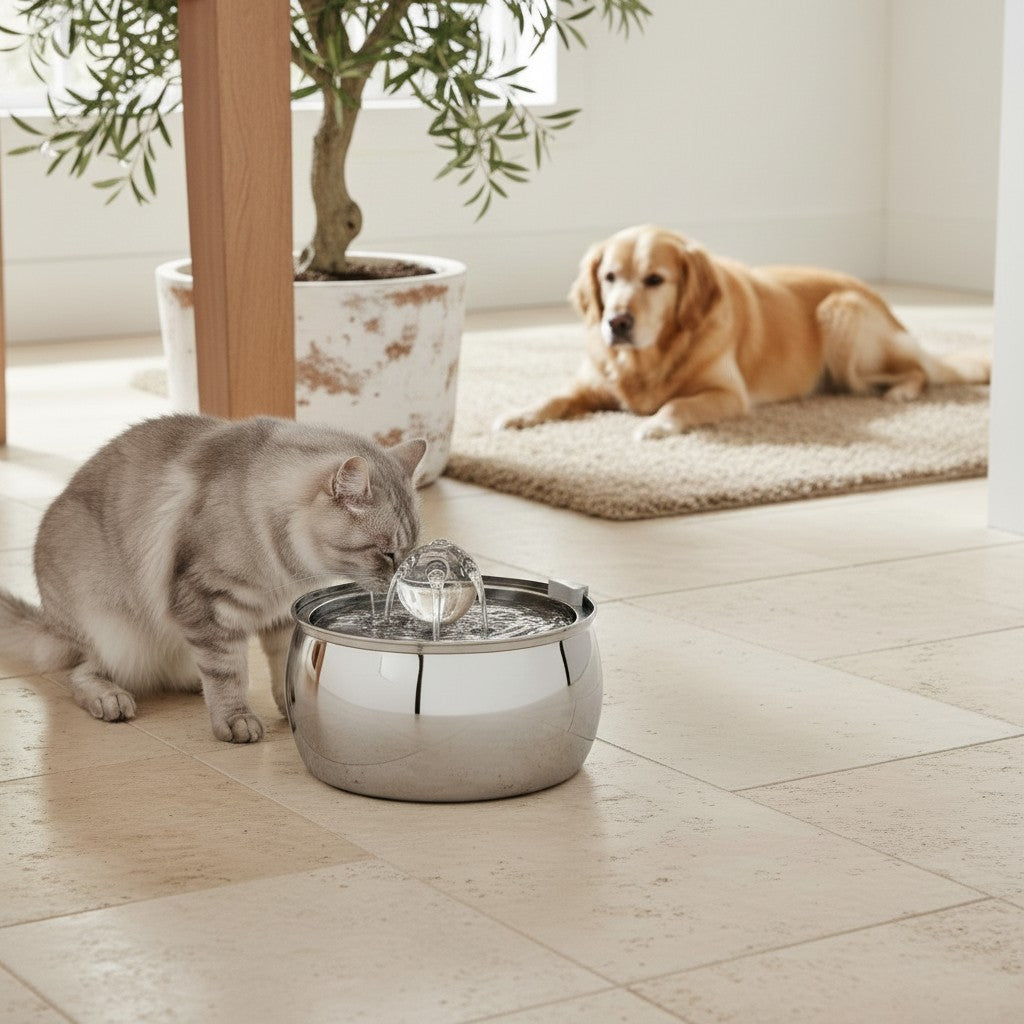 Fontaine à eau Bofélin en inox 4L avec robinet design, utilisée par un chat dans un salon lumineux avec un chien.