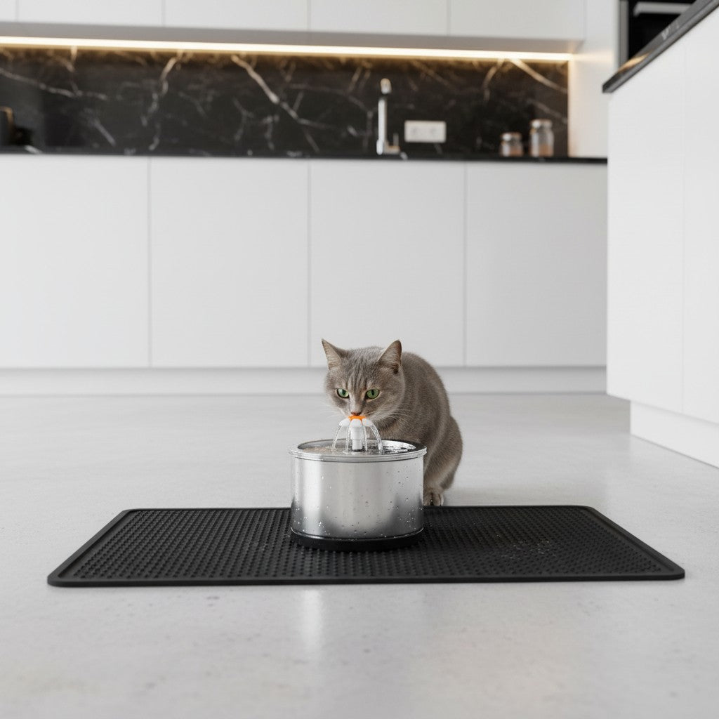 Fontaine à eau Bofélin en inox avec fleur pour chat, posée sur un tapis noir dans une cuisine moderne