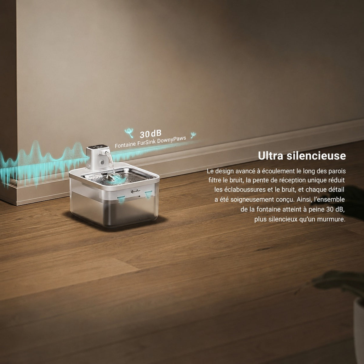 Fontaine à eau sans fil Bofélin en inox avec batterie rechargeable, 2,5L, ultra silencieuse sur sol en bois