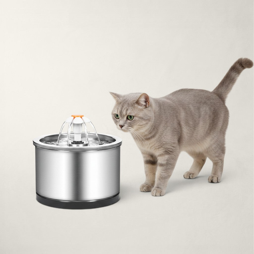Fontaine à eau Bofélin en inox avec design fleur et chat gris à côté pour illustrer la taille