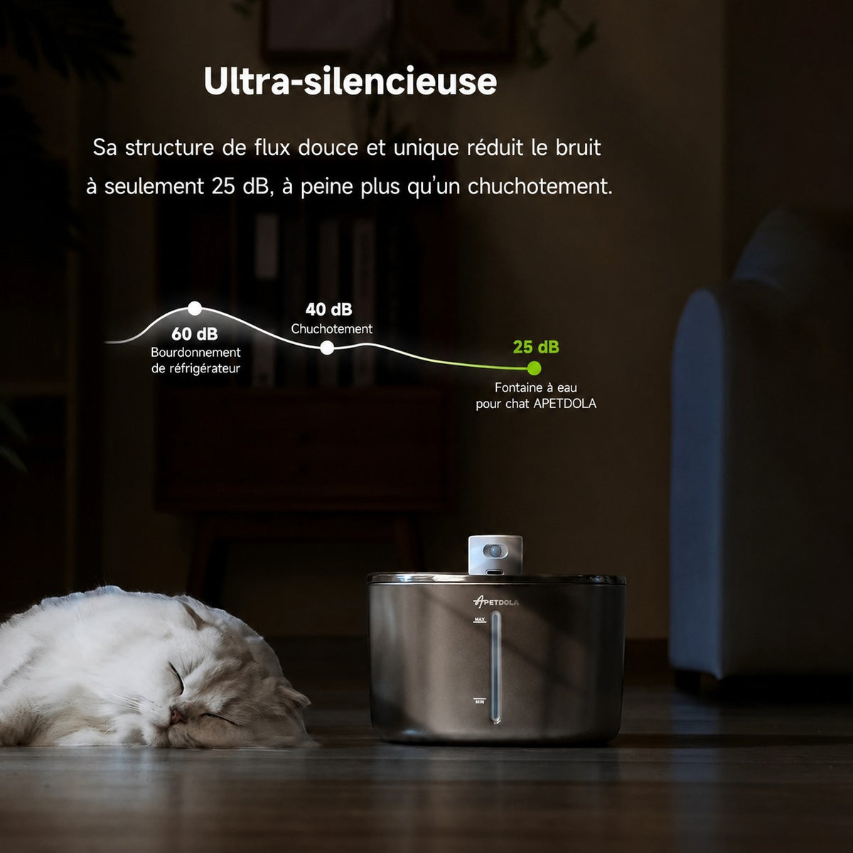 Fontaine à eau Bofélin en inox brossé pour chat, silencieuse avec capteur de mouvement et témoin de niveau d'eau