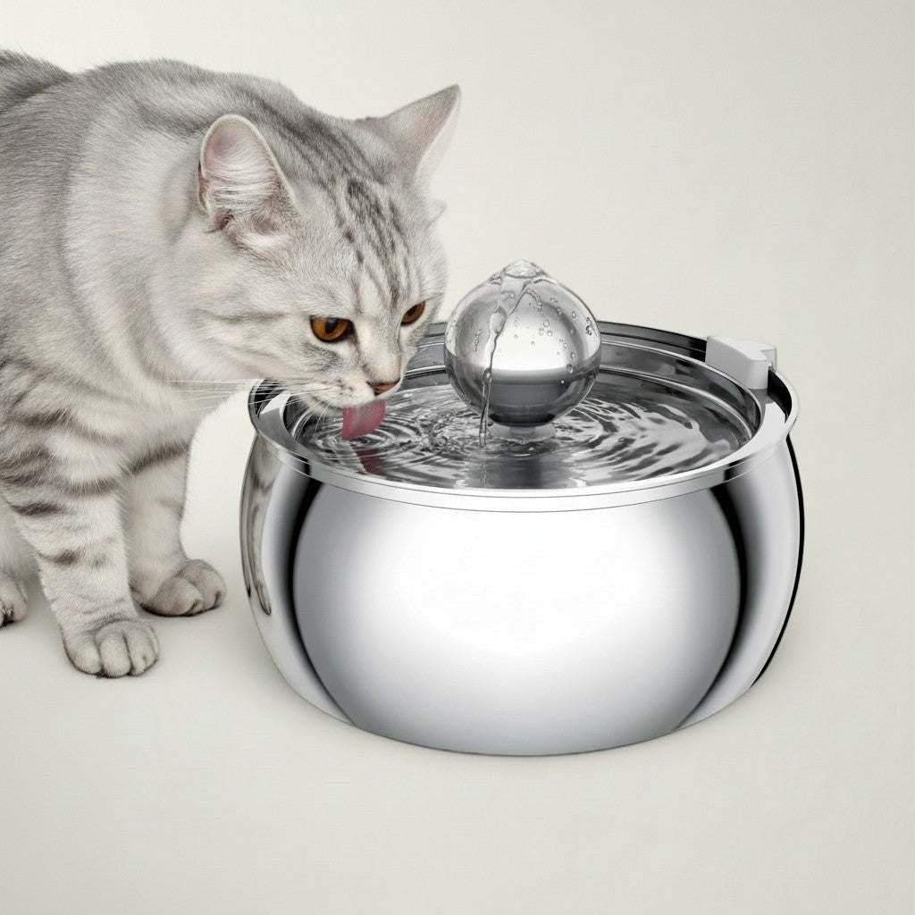 Fontaine à eau Bofélin en inox 4L avec robinet sphérique et chat gris buvant, design moderne et silencieux