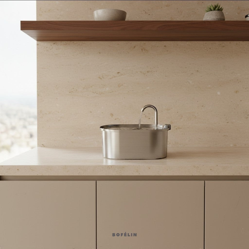 Fontaine à eau Bofélin en inox 3L pour chat avec système de circulation continue sur un plan de travail moderne