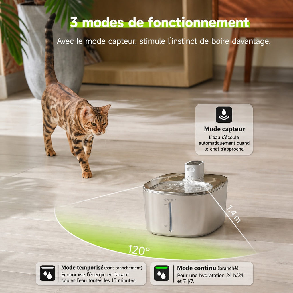 Fontaine à eau Bofélin en inox brossé avec capteur de mouvement pour chat, 4L, sans fil et rechargeable.