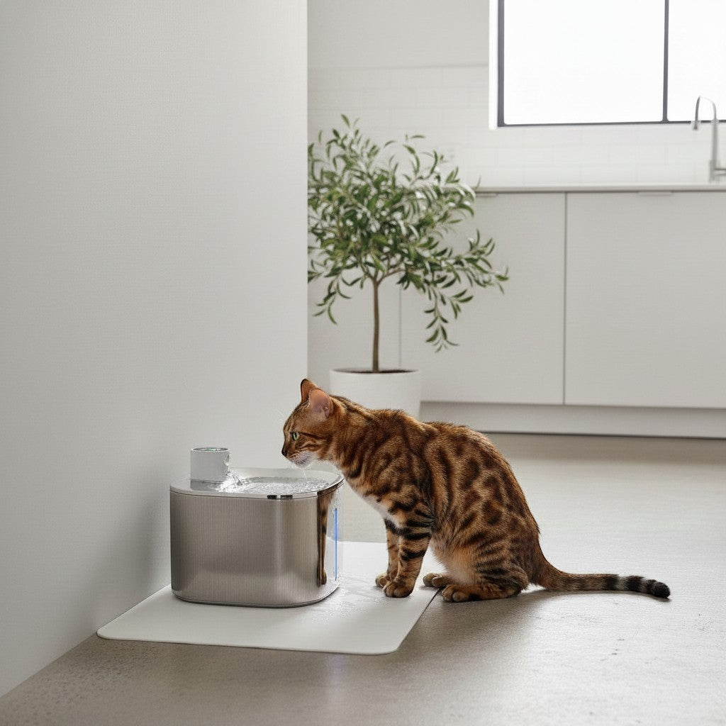 Fontaine à eau Bofélin en inox brossé 4L sans fil avec capteur de mouvement pour chat dans une cuisine moderne