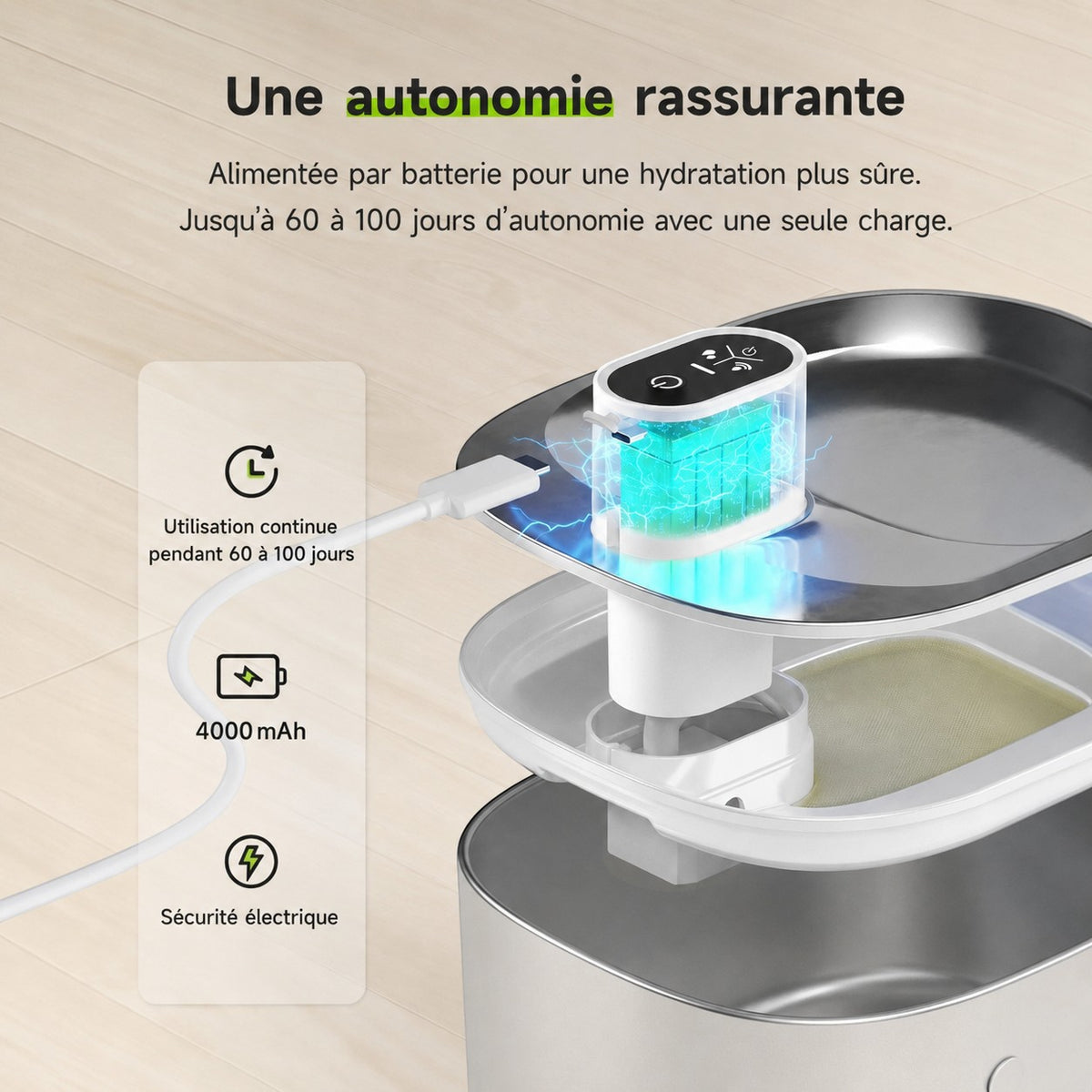 Fontaine à eau Bofélin en inox avec batterie rechargeable et système de filtration pour chats et chiens