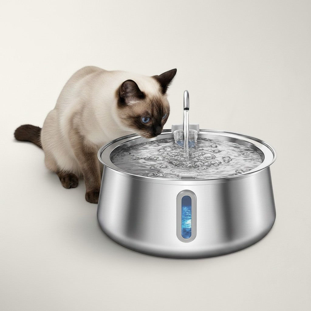Fontaine à eau Bofélin en inox 4L avec chat siamois buvant à la cascade d'eau oxygénée