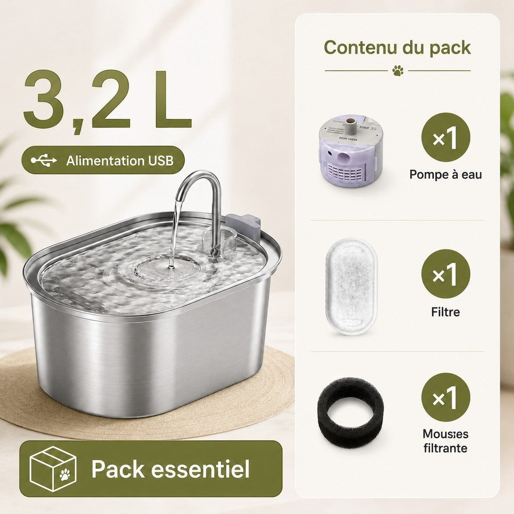 Fontaine à eau Bofélin en inox 3,2L avec pompe, filtre et mousse filtrante pour chat