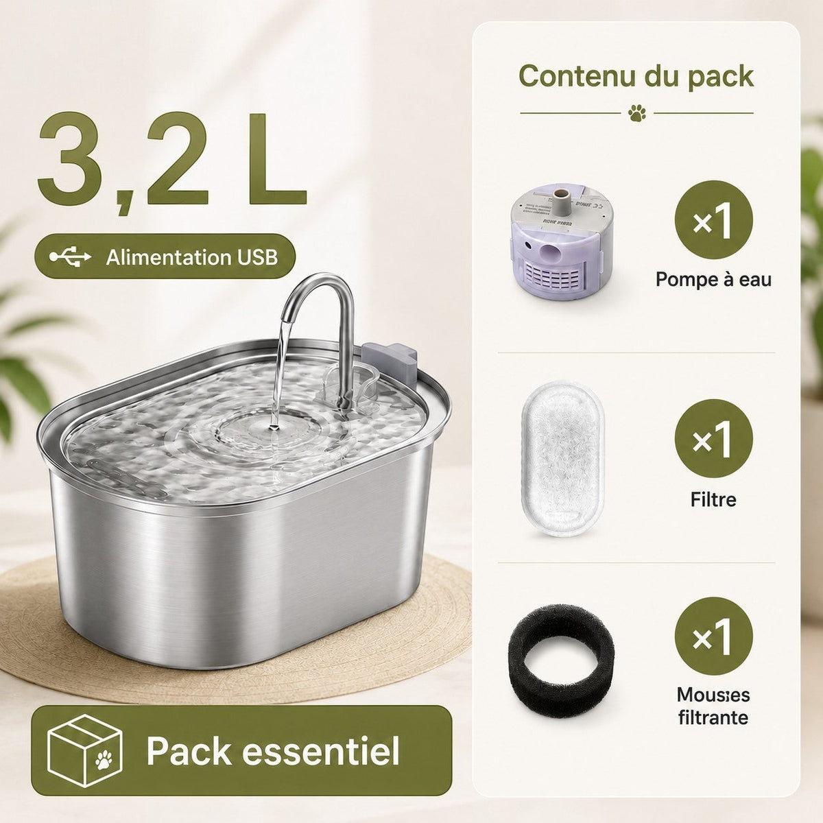 Fontaine à eau Bofélin en inox 3,2L avec pompe, filtre et mousse filtrante pour chat
