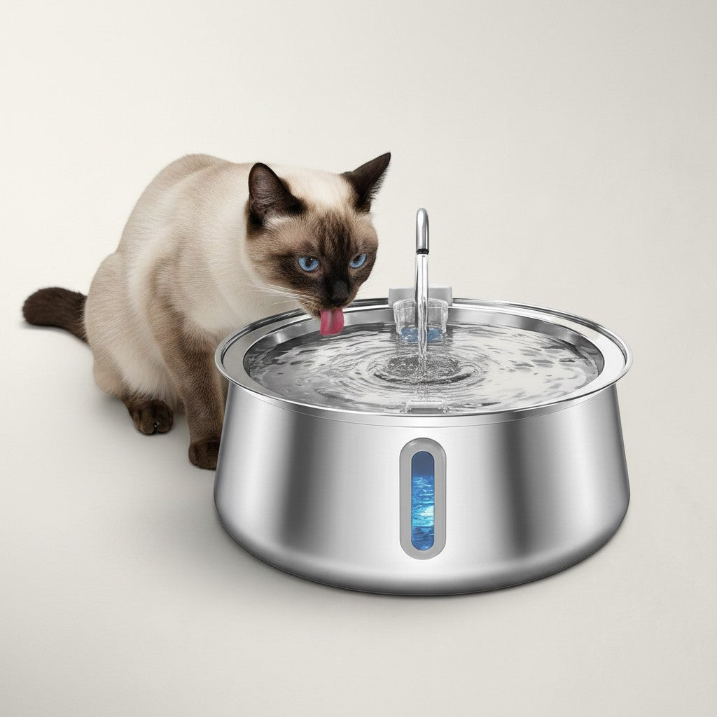 Fontaine à eau automatique Bofélin en inox 4L avec chat siamois buvant, pompe silencieuse et indicateur de niveau
