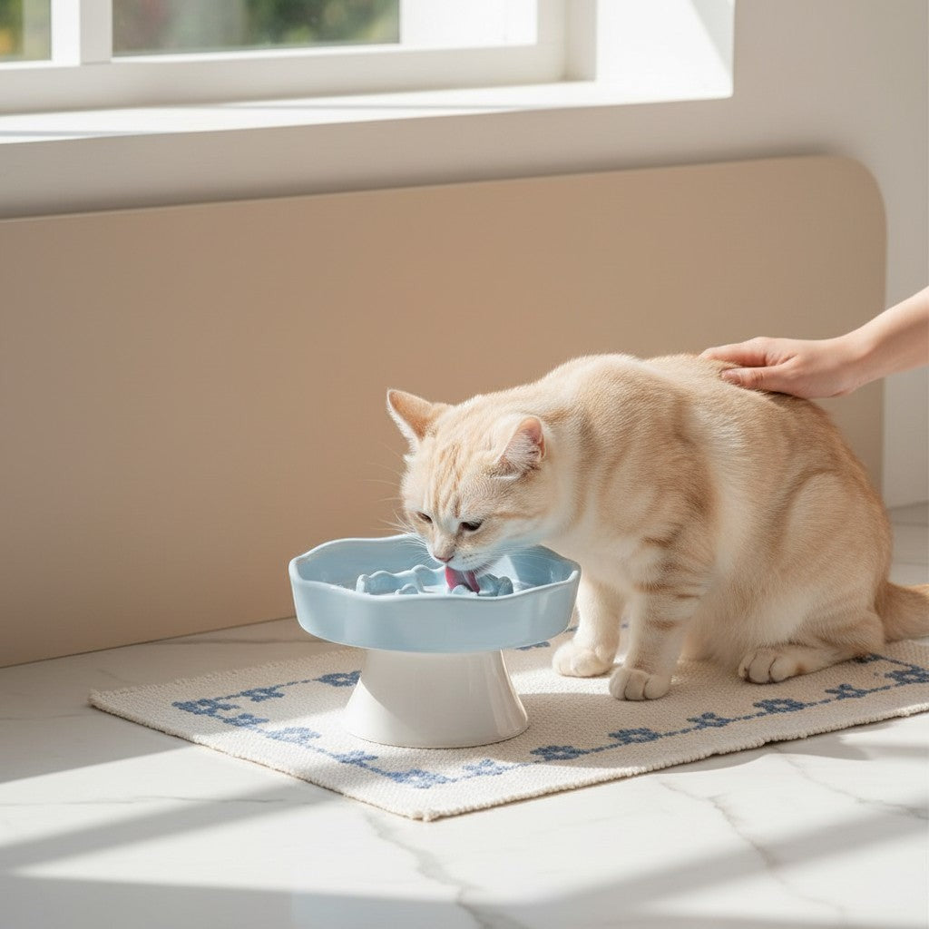 Chat roux mangeant dans une gamelle anti-glouton Bofélin en céramique bleue surélevée avec motif en spirale Image