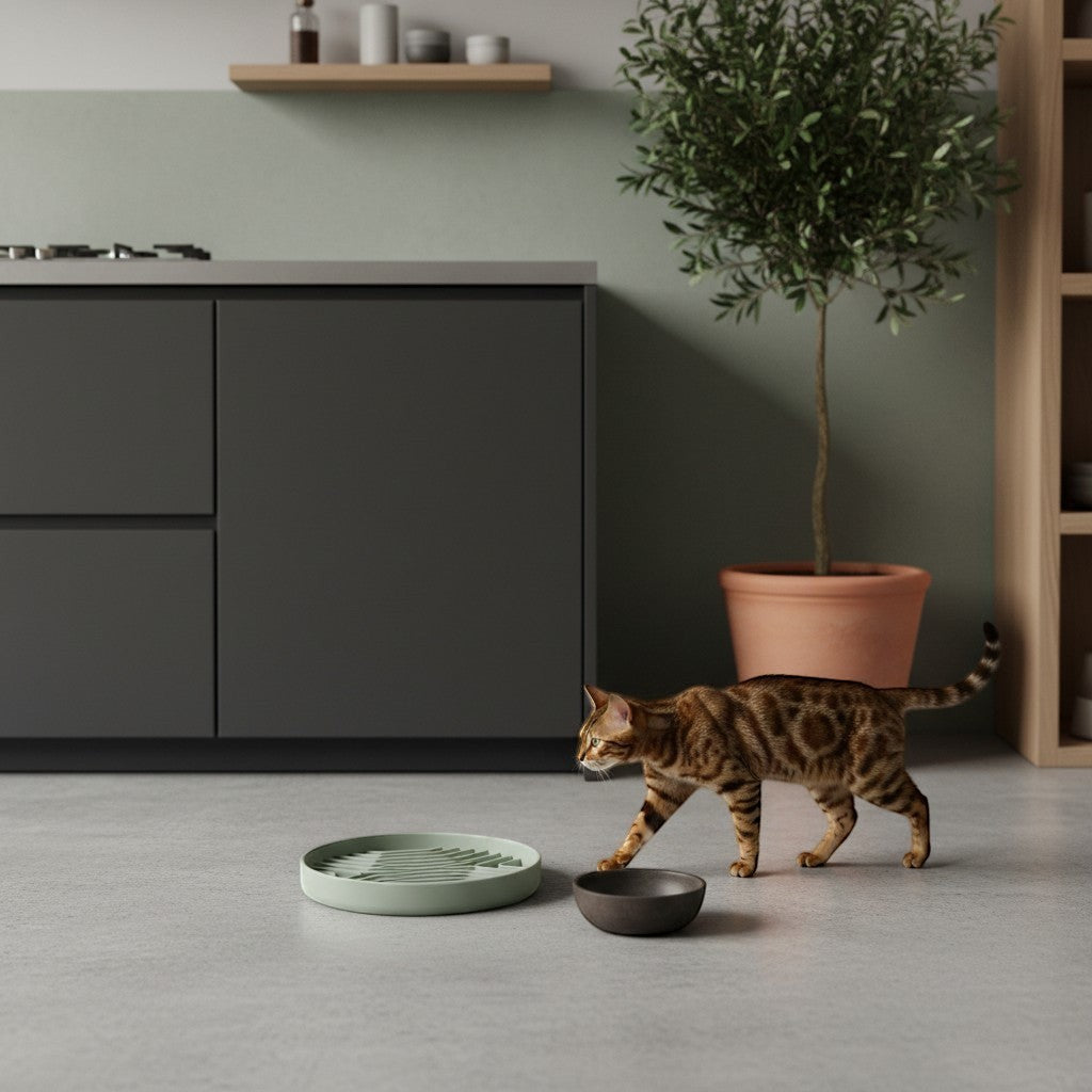 Gamelle anti-glouton Bofélin en silicone vert sauge avec labyrinthe pour chat marchant dans une cuisine moderne