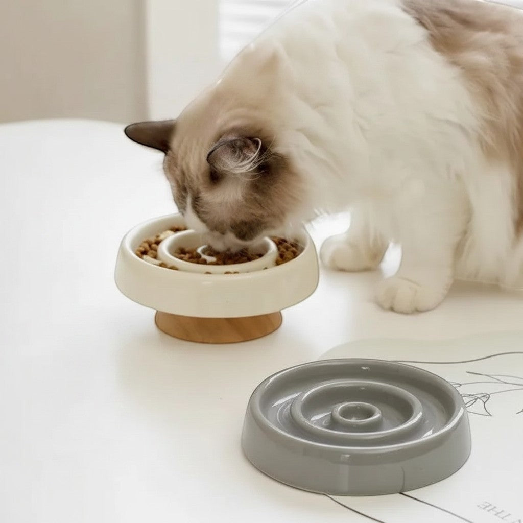 Gamelle anti-glouton surélevée Bofélin en céramique beige avec pied en bois, chat mangeant, bol gris en premier plan.