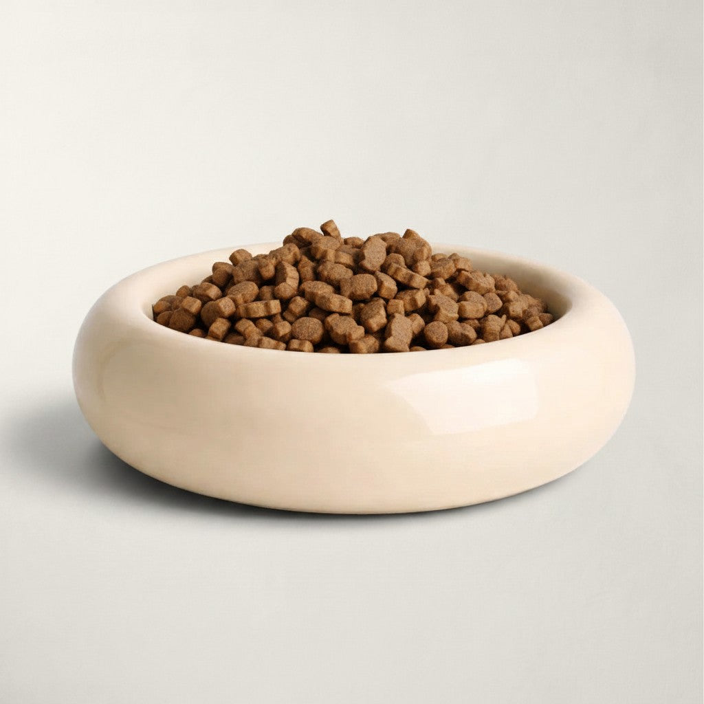 Gamelle pour chat Bofélin en céramique émaillée blanche forme donut, peu profonde et adaptée aux moustaches.