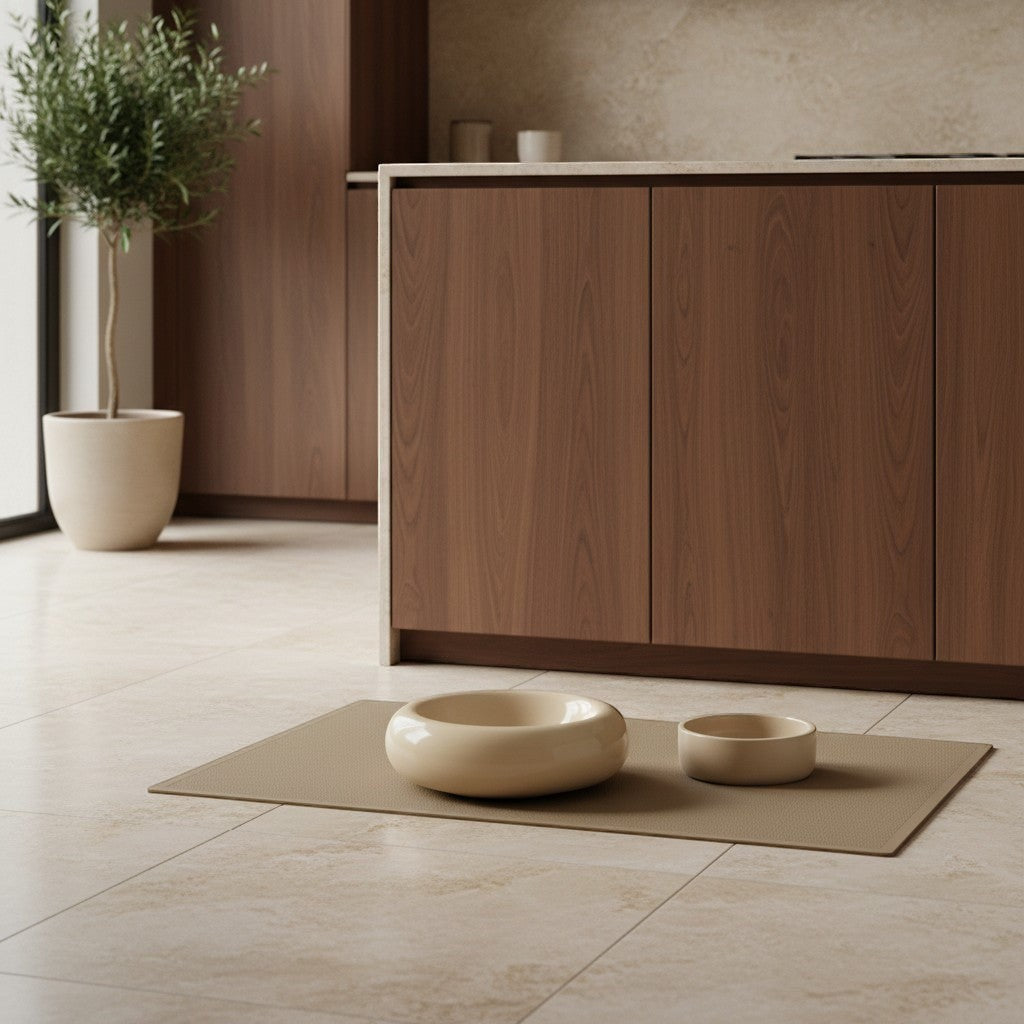Gamelle Bofélin en céramique beige forme donut pour chat posée sur un tapis dans une cuisine moderne